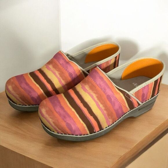 Dansko Clogs Womens 10 Canvas Pink Orange Brown Tan Striped Sunset Slip On EU-40 - Picture 9 of 12